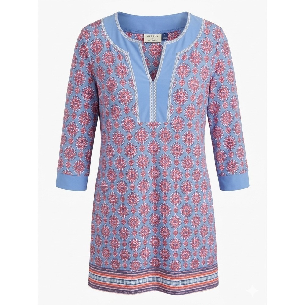 Cabana Life x Talbots Blue Red Medallion Split Neck Shift Dress Large 211014926